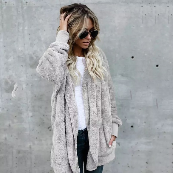 Tops - Plush Gray Fleece Hooded Cardigan with Pockets